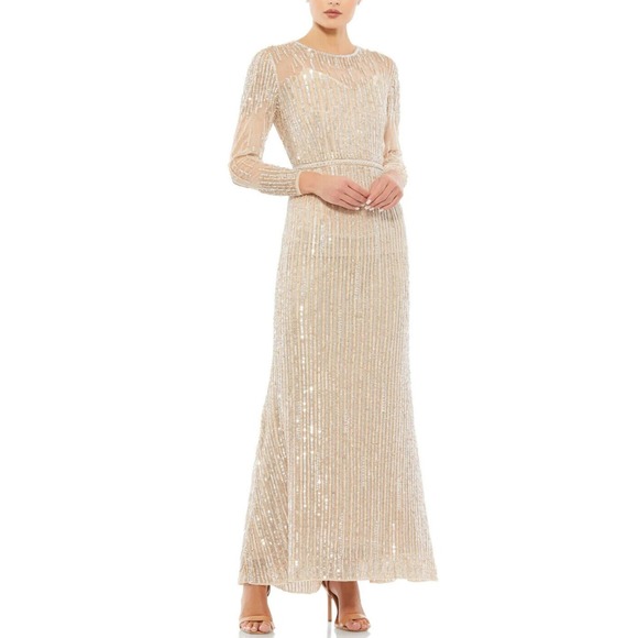 Mac Duggal 93629 Sequin Illusion High Neck Beaded Trumpet Gown Rose Gold Size 2